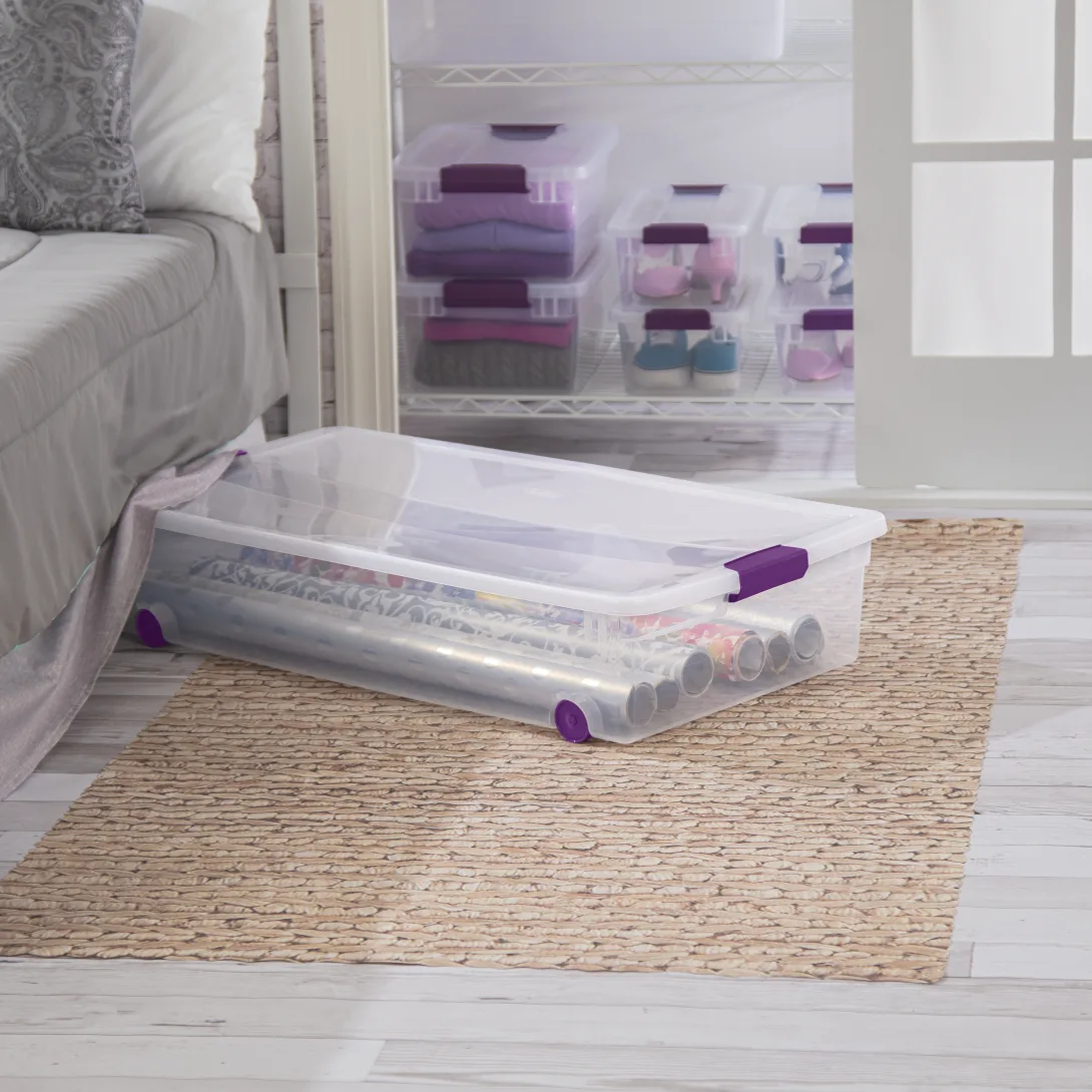 Sterilite 1761 60 Quart ClearView Latch Wheeled Underbed Box – Clear Storage Bin with Sweet Plum Latches - Image 3
