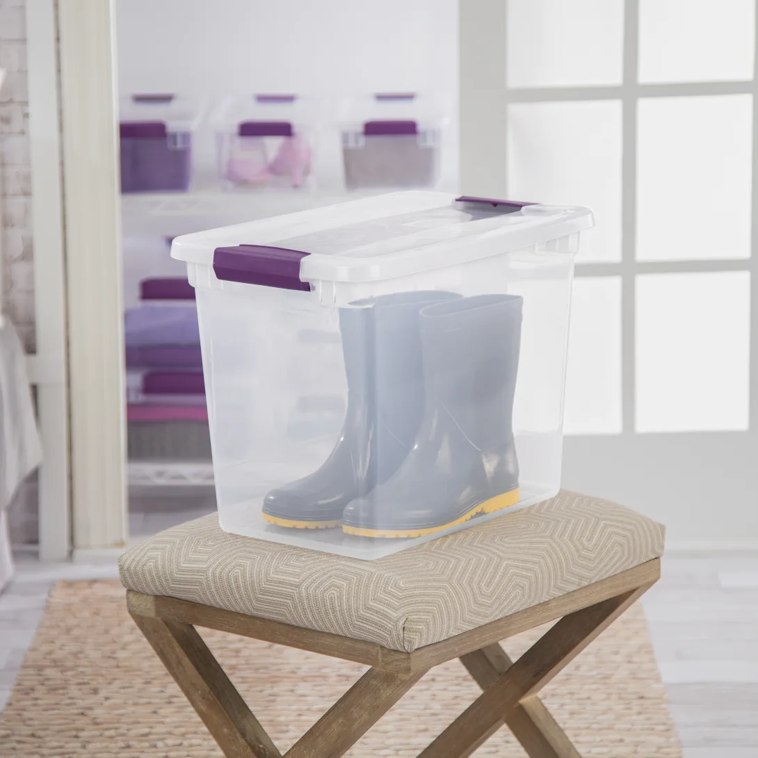 Sterilite 1763 27 Quart ClearView Latch Box – Clear Plastic Storage Bin with Sweet Plum Latches - Image 3