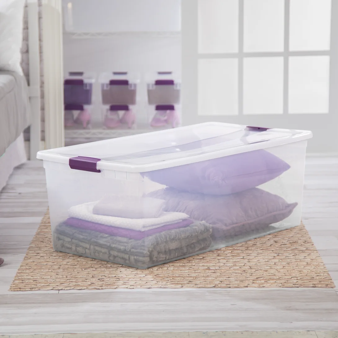 Sterilite 1764 110 Quart ClearView Latch Box – Extra Large Clear Plastic Storage Bin with Sweet Plum Latches - Image 3