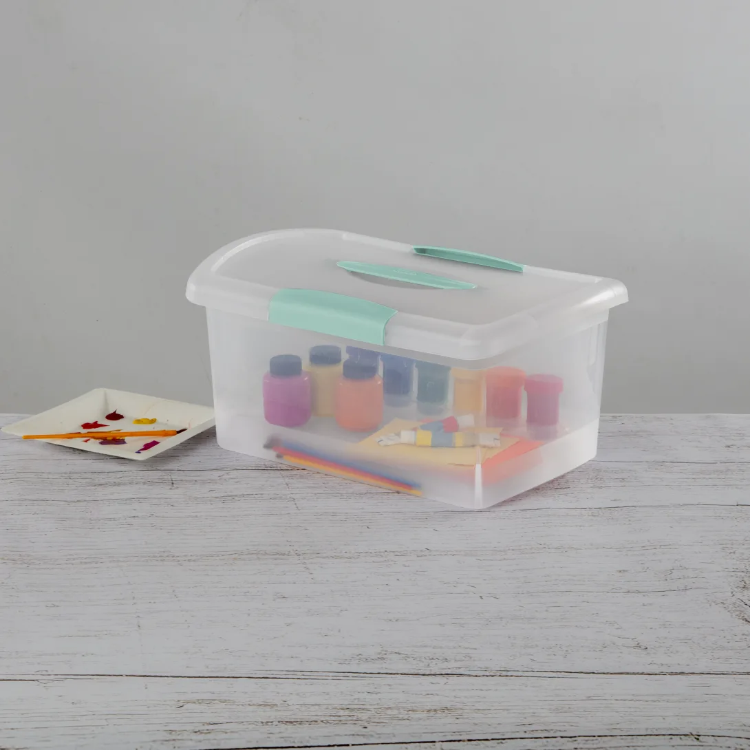 Sterilite 1874 Medium Nesting ShowOffs Portable Storage Bin – Clear Plastic Container with Aqua Chrome Handle & Latches - Image 3