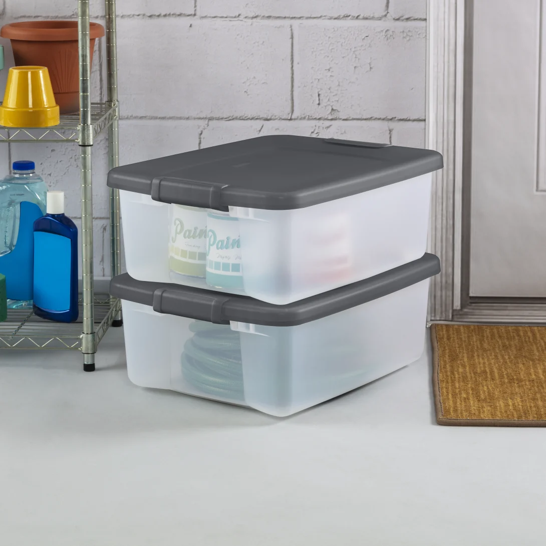 Sterilite 1936 25 Quart ShelfTotes – Clear Plastic Storage Bin with Flat Gray Lid & Latches - Image 3