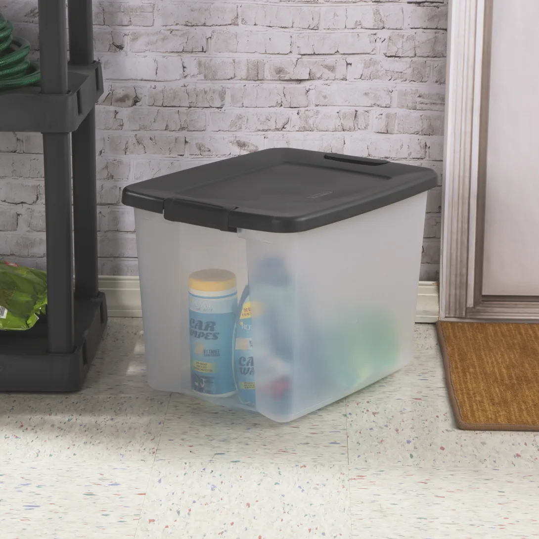 Sterilite 1937 50 Quart ShelfTotes – Clear Plastic Storage Bin with Flat Gray Lid & Latches - Image 3
