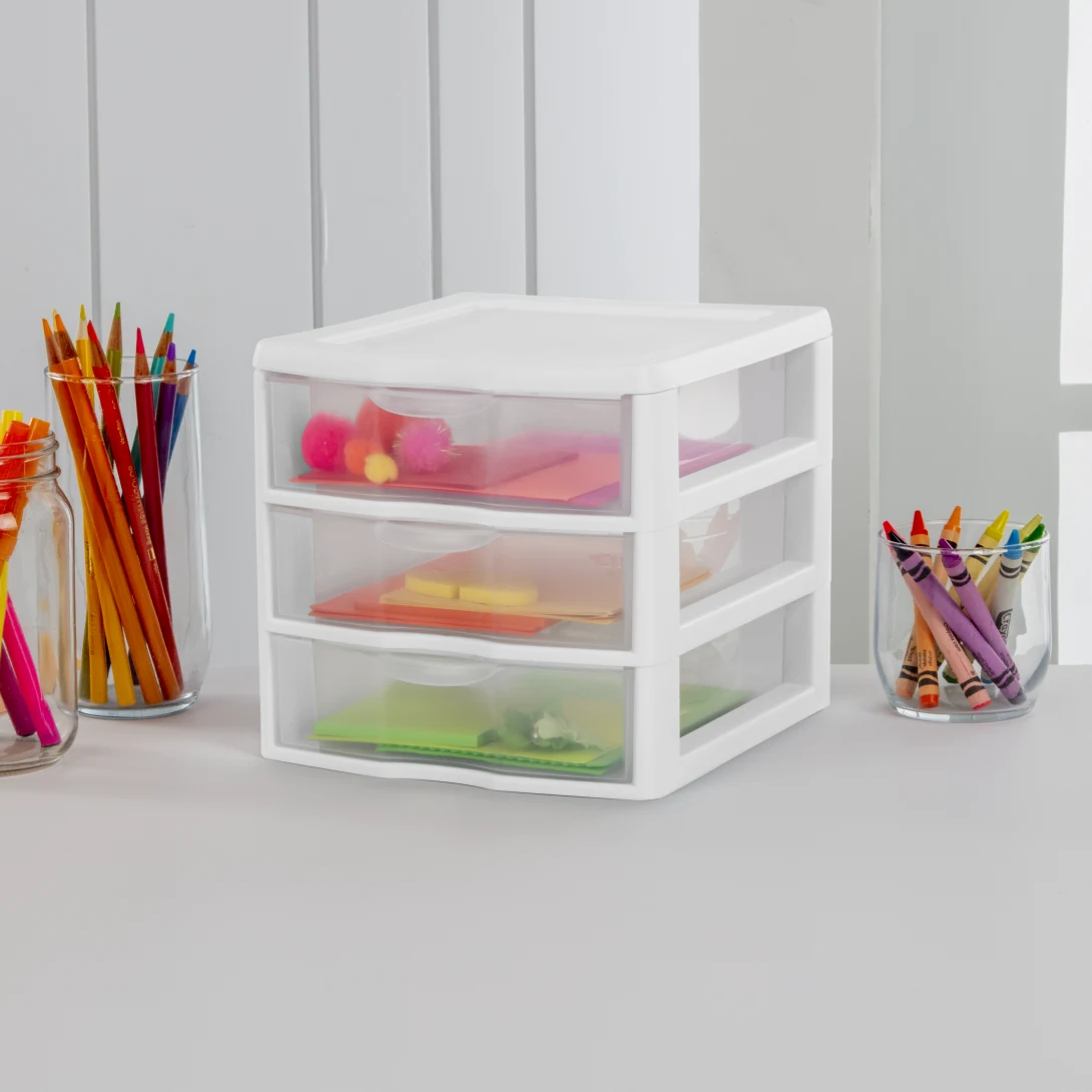 Sterilite 2073 Small 3 Drawer Unit – Clear Plastic Desktop Storage Organizer with White Frame - Image 3