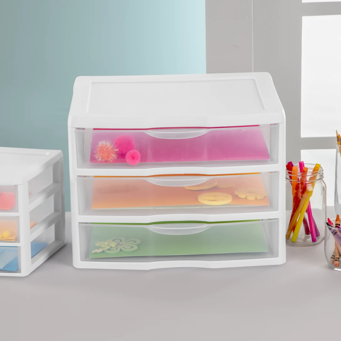 Sterilite 2093 Wide 3 Drawer Unit – Clear Plastic Desktop Storage Organizer with White Frame - Image 3