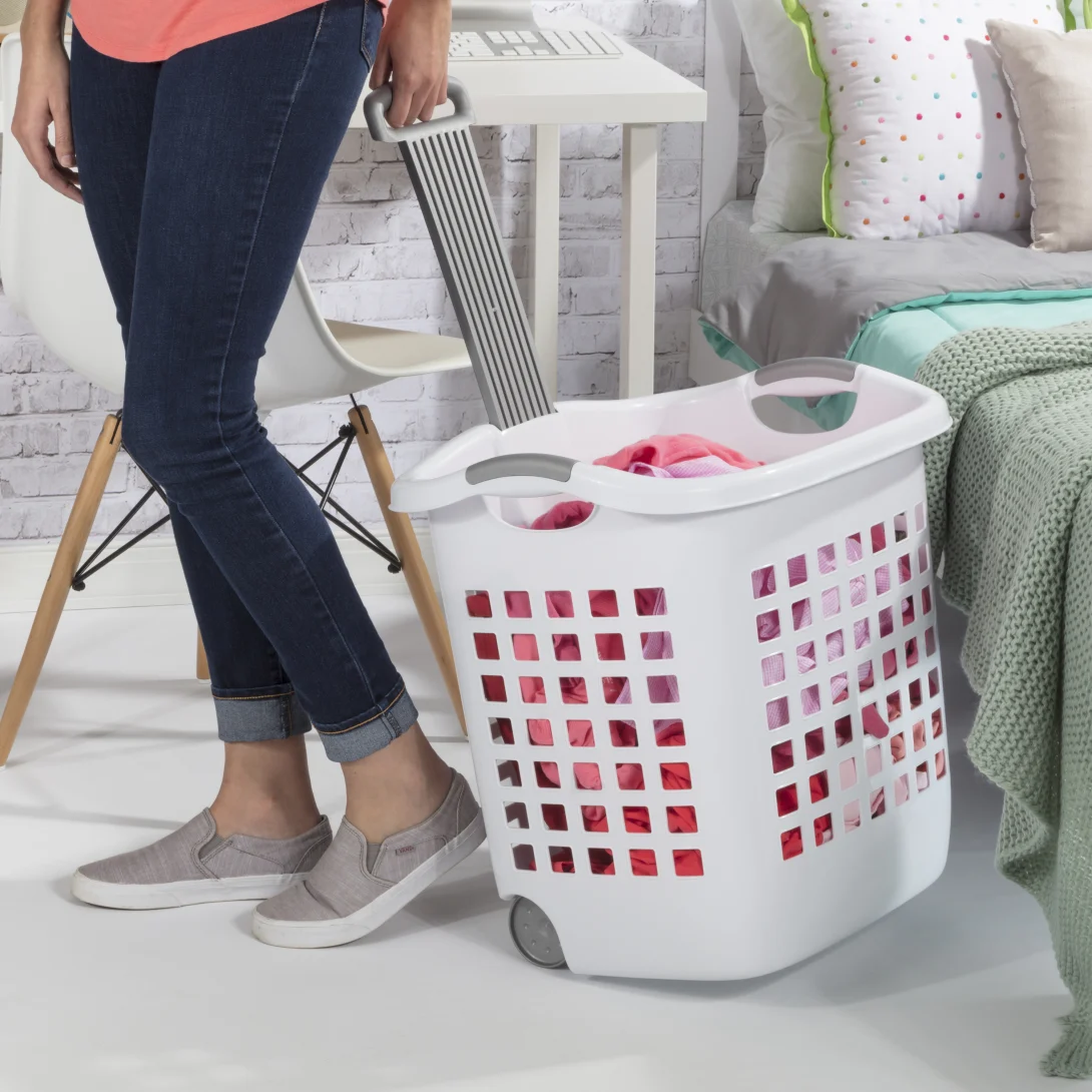 Sterilite 1224 1.75 Bushel / 62 Liter Ultra Wheeled Laundry Basket β White with Titanium Handle & Wheels - Image 3