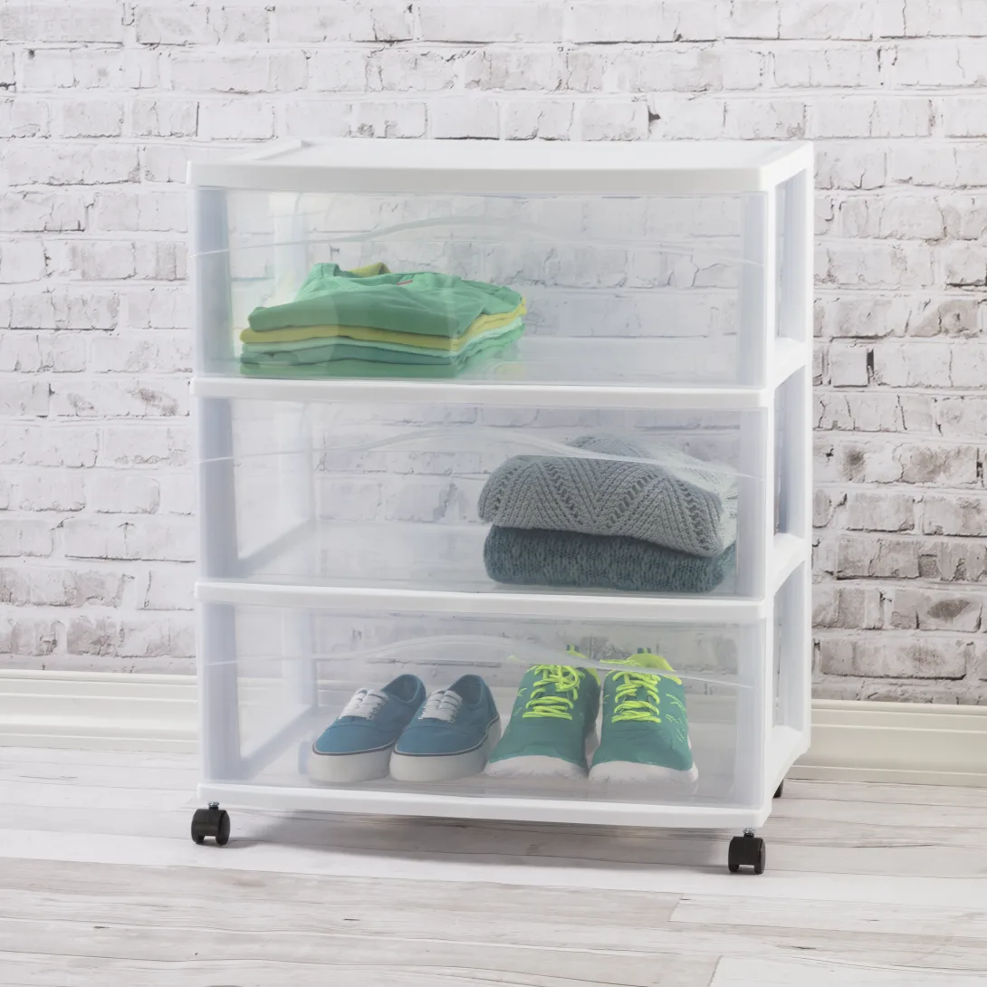 Sterilite 2930 Wide 3 Drawer Cart – Extra Wide Mobile Plastic Storage Organizer with Black Casters - Image 3