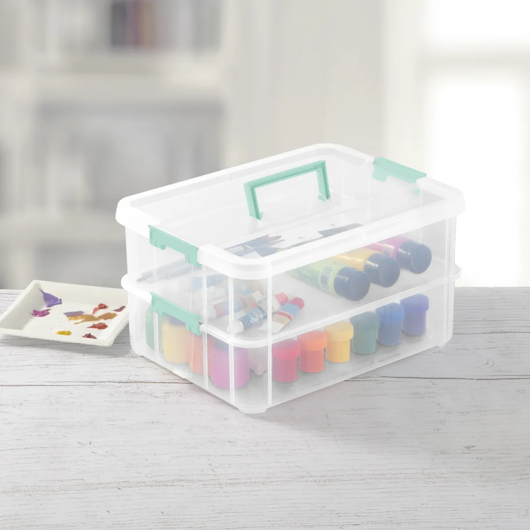 Sterilite 1422 Stack & Carry 2 Layer Handle Box – Clear with Aqua Chrome Handle & Latches - Image 3