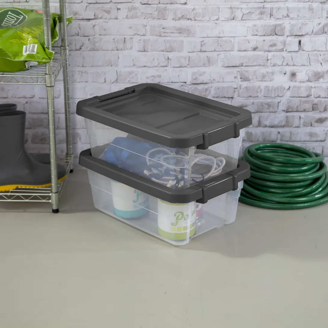 Sterilite 1472 16 Qt Modular Stacker Box β Clear Base with Flat Gray Lid & Latches - Image 3