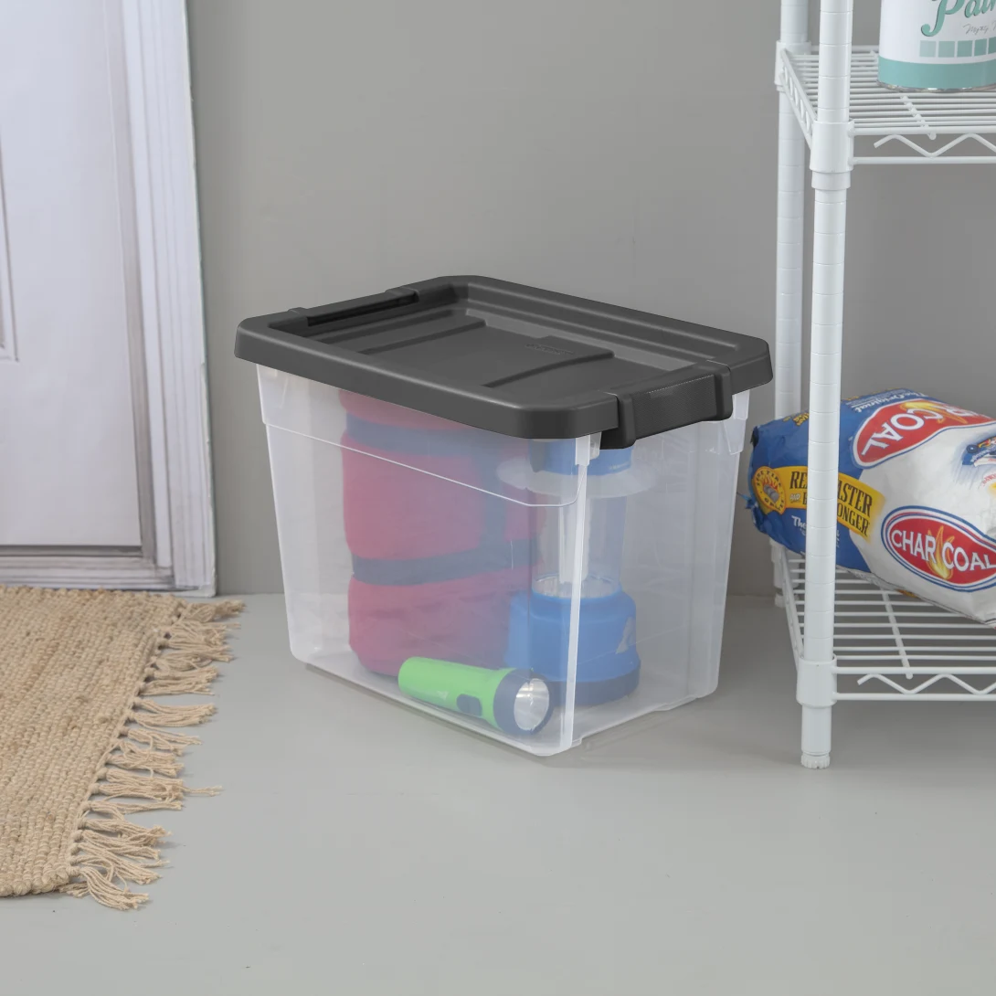 Sterilite 1473 30 Qt Modular Stacker Box – Clear Base with Flat Gray Lid & Latches - Image 3