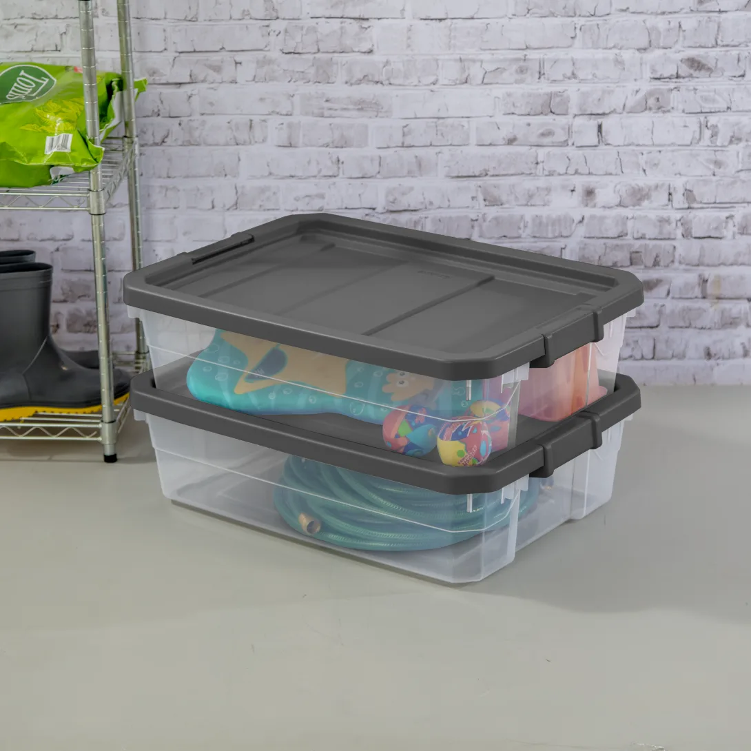 Sterilite 1474 40 Qt Modular Stacker Box β Clear Base with Flat Gray Lid & Latches - Image 3