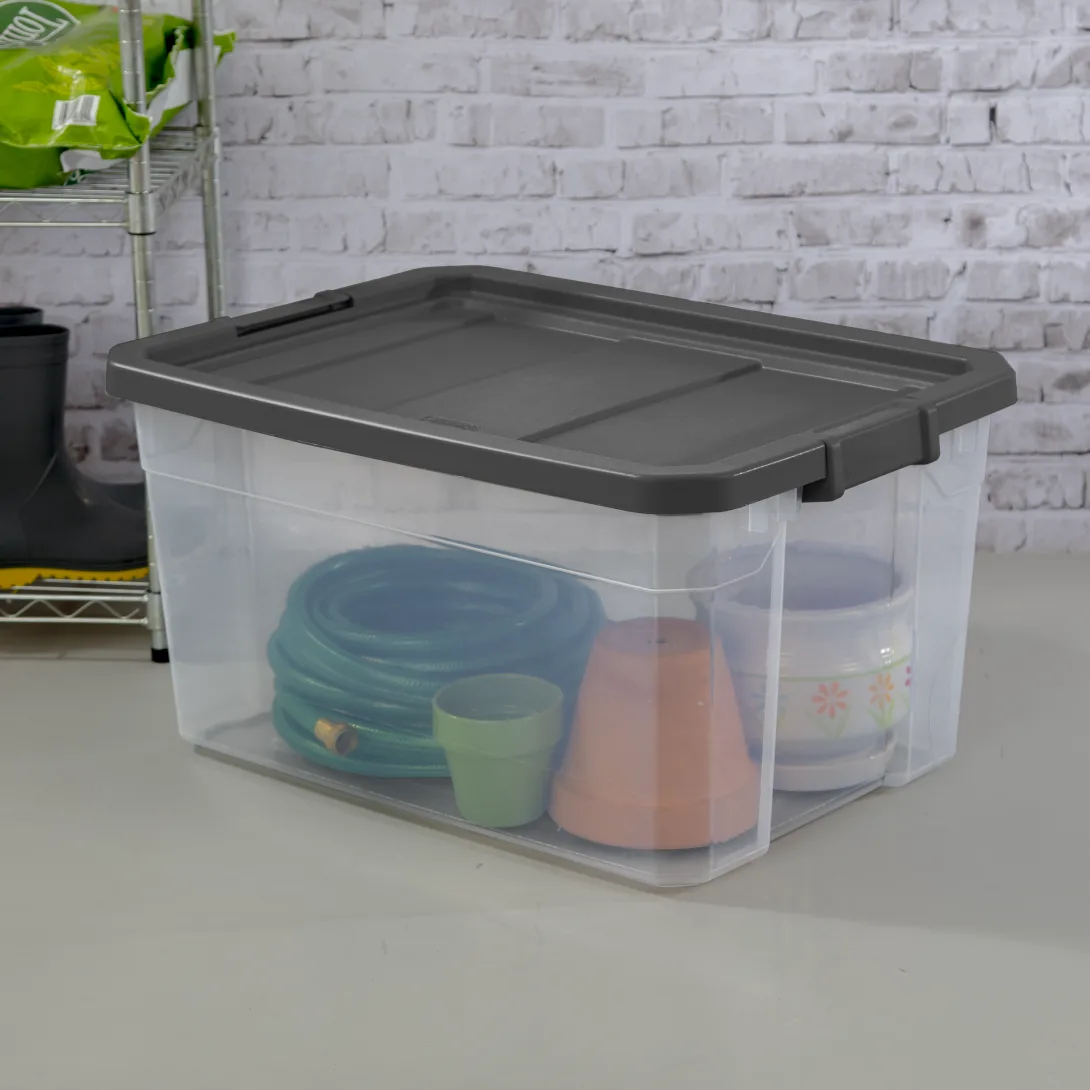 Sterilite 1476 76 Qt Modular Stacker Box – Clear Base with Flat Gray Lid & Latches - Image 3