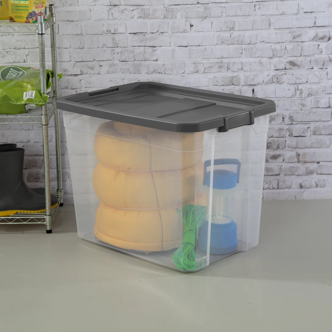 Sterilite 1478 108 Qt Modular Stacker Box – Clear Base with Flat Gray Lid & Latches - Image 3