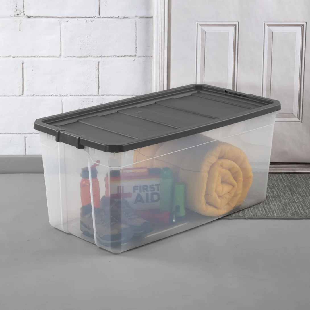 Sterilite 1479 200 Qt Modular Stacker Box – Clear Base with Flat Gray Lid & Latches - Image 3