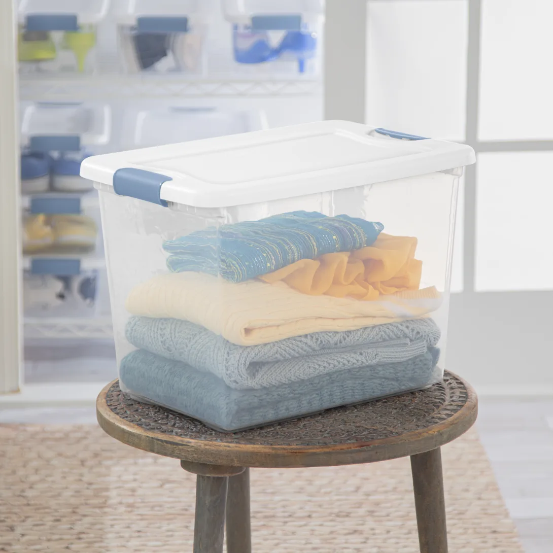 Sterilite 1495 25 Qt Latching Box β Clear Base with White Lid & Washed Blue Latches - Image 3