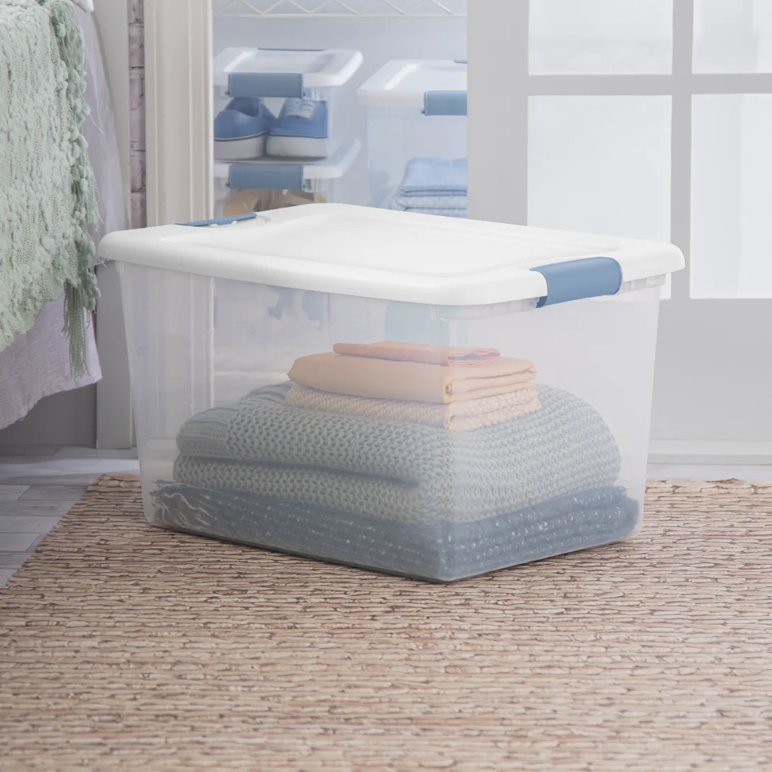 Sterilite 1497 64 Qt Latching Box β Clear Base with White Lid & Washed Blue Latches - Image 3