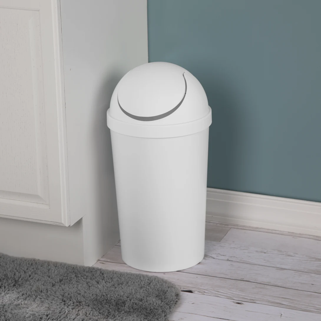 Sterilite 1083 3 Gallon / 11.4 Liter Round SwingTop Wastebasket – White / Black - Image 4