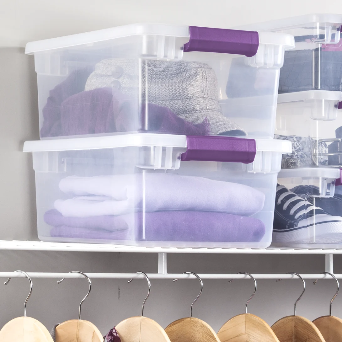 Sterilite 1753 15 Quart ClearView Latch Box – Clear Plastic Storage Bin with Sweet Plum Latches - Image 4