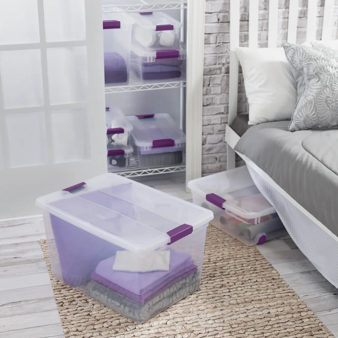 Sterilite 1757 66 Quart ClearView Latch Box – Clear Plastic Storage Bin with Sweet Plum Latches - Image 4