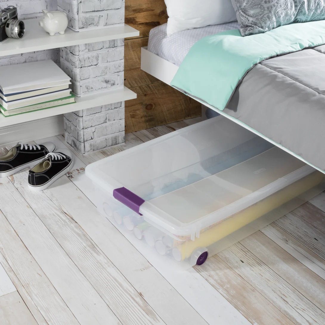 Sterilite 1761 60 Quart ClearView Latch Wheeled Underbed Box – Clear Storage Bin with Sweet Plum Latches - Image 4