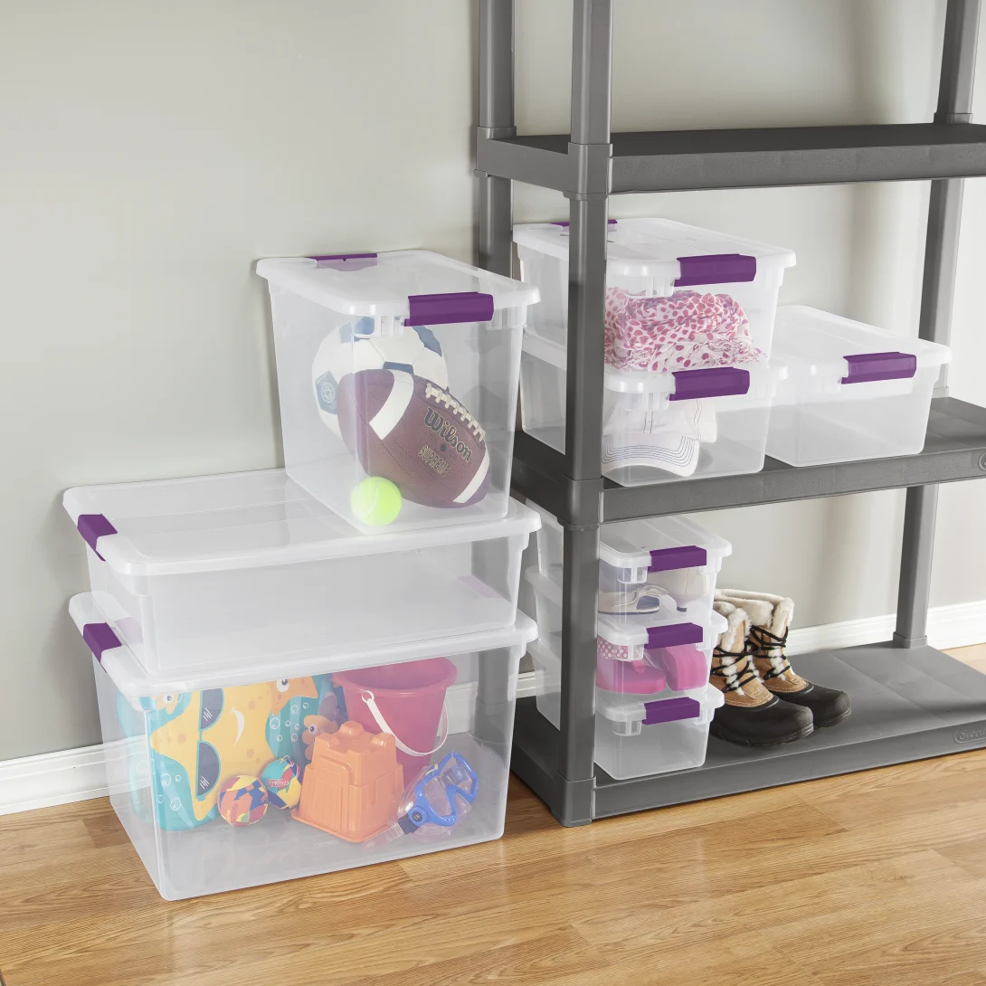 Sterilite 1763 27 Quart ClearView Latch Box – Clear Plastic Storage Bin with Sweet Plum Latches - Image 4