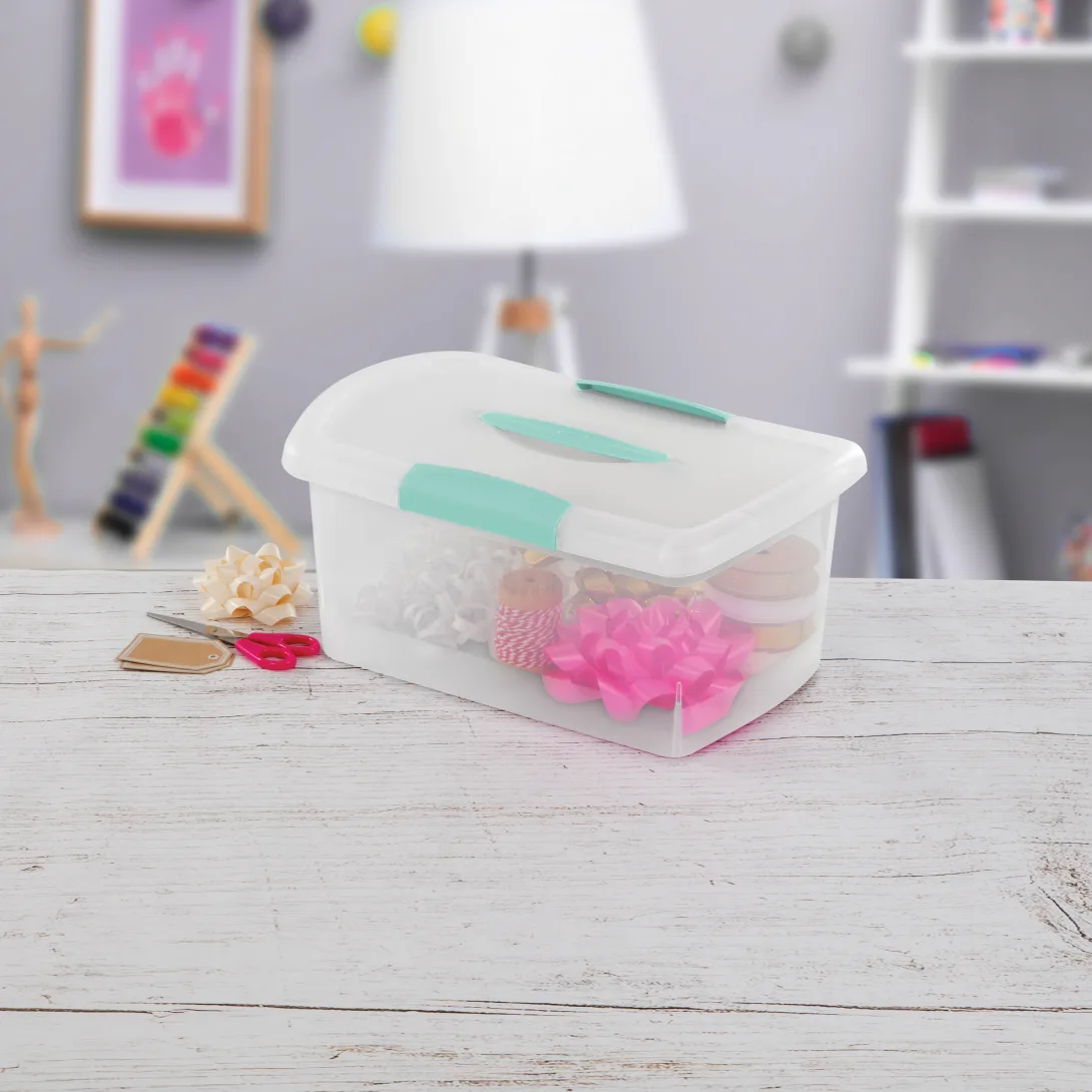 Sterilite 1874 Medium Nesting ShowOffs Portable Storage Bin – Clear Plastic Container with Aqua Chrome Handle & Latches - Image 4