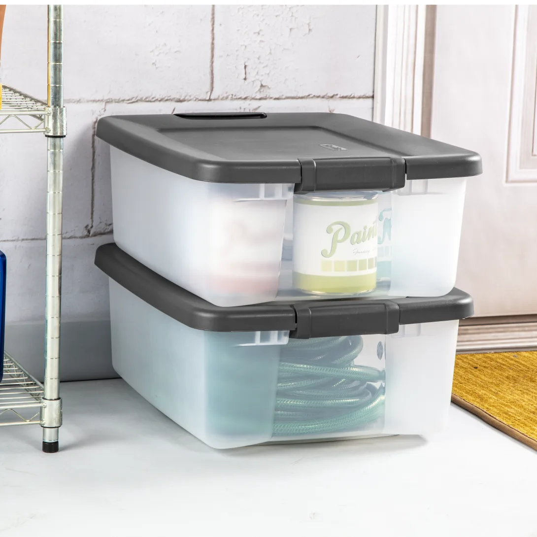 Sterilite 1936 25 Quart ShelfTotes – Clear Plastic Storage Bin with Flat Gray Lid & Latches - Image 4