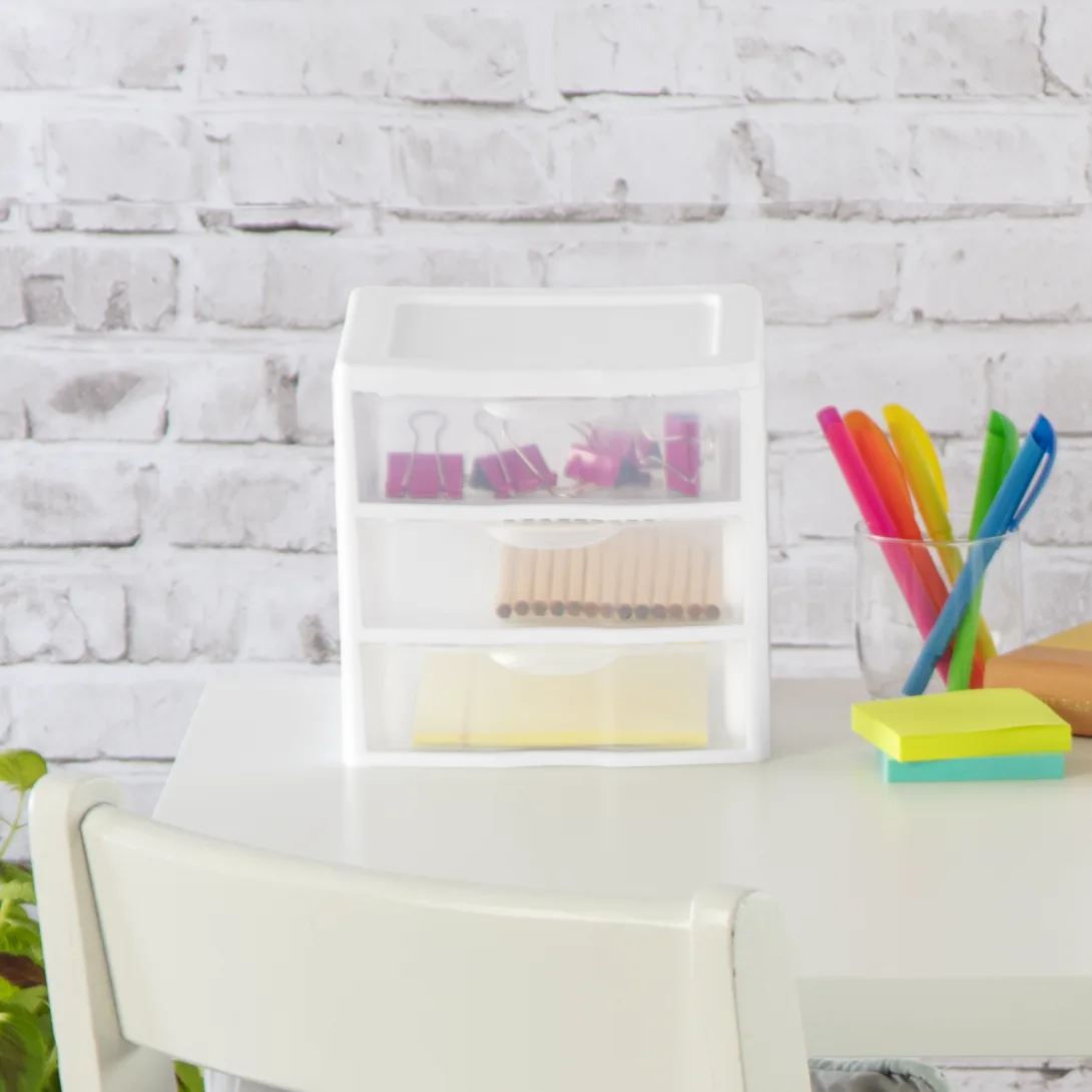 Sterilite 2073 Small 3 Drawer Unit – Clear Plastic Desktop Storage Organizer with White Frame - Image 4