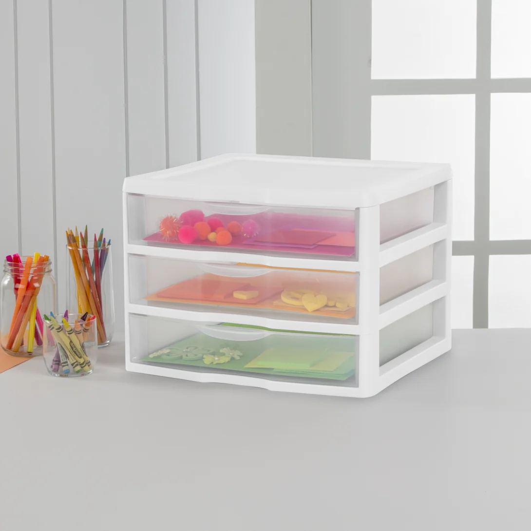 Sterilite 2093 Wide 3 Drawer Unit – Clear Plastic Desktop Storage Organizer with White Frame - Image 4