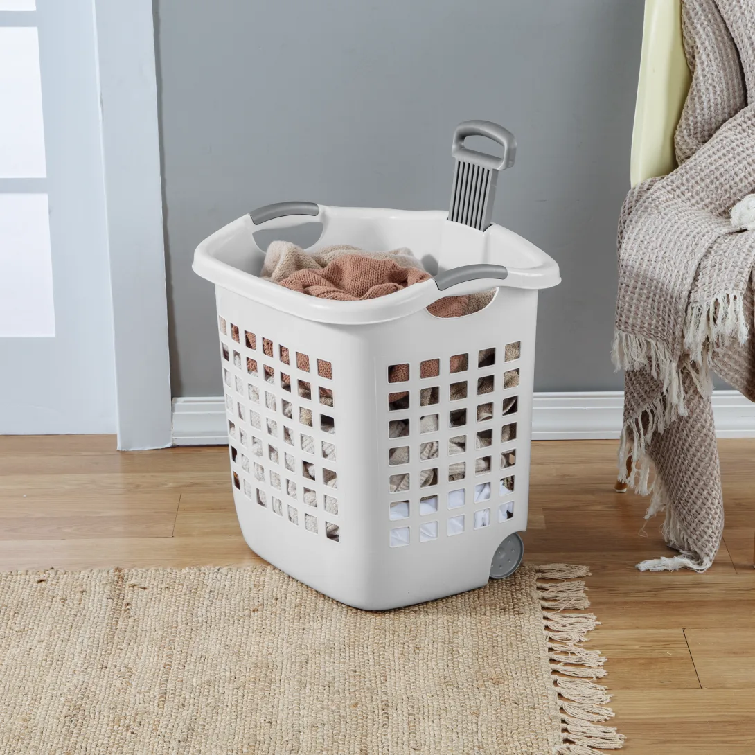 Sterilite 1224 1.75 Bushel / 62 Liter Ultra Wheeled Laundry Basket β White with Titanium Handle & Wheels - Image 4