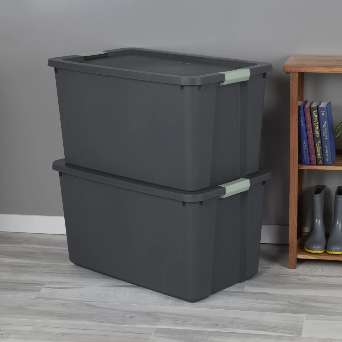 Sterilite 2219 34 Gallon Latch Tote – Extra Large Heavy-Duty Flat Gray Plastic Storage Bin with Green River Latches - Image 4