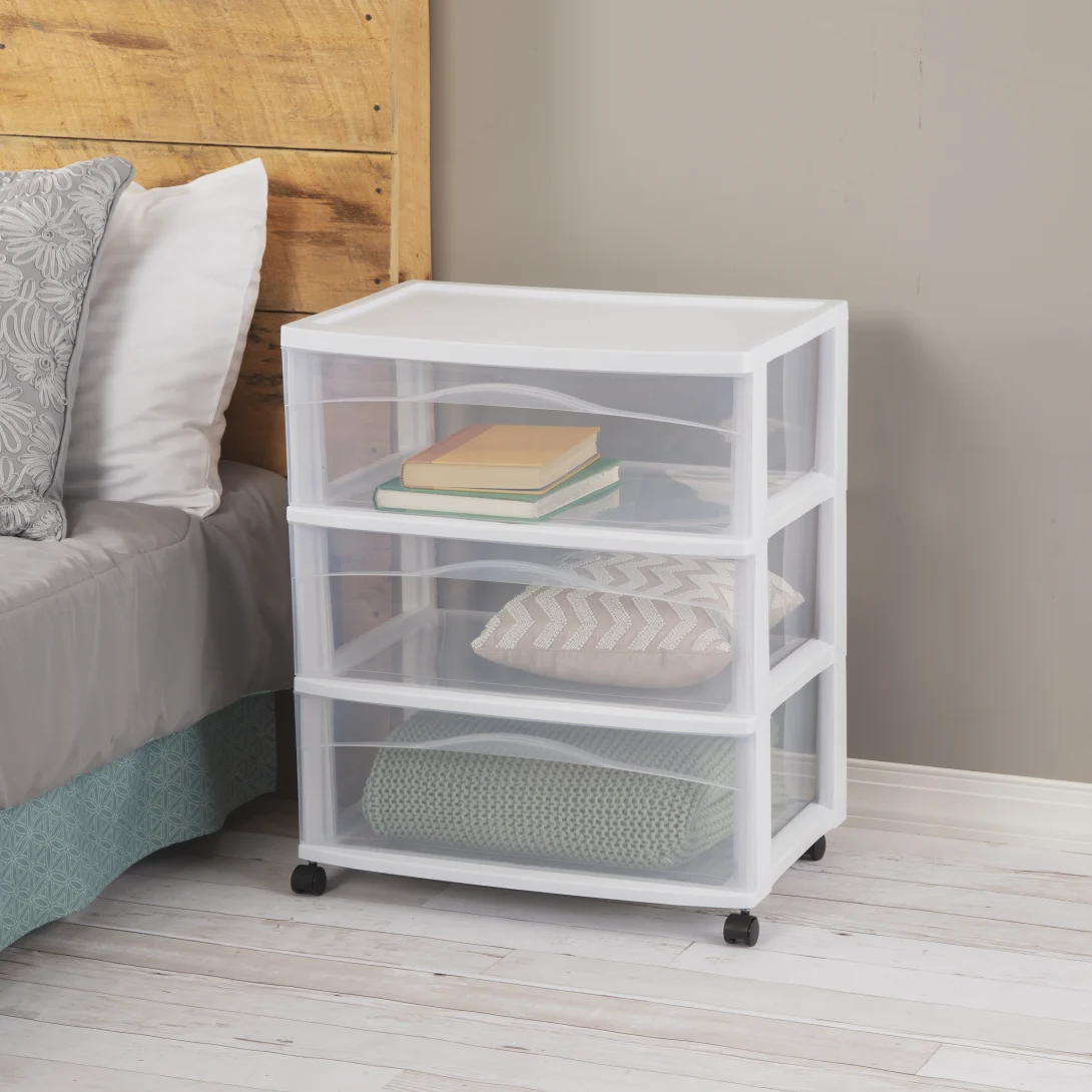 Sterilite 2930 Wide 3 Drawer Cart – Extra Wide Mobile Plastic Storage Organizer with Black Casters - Image 4