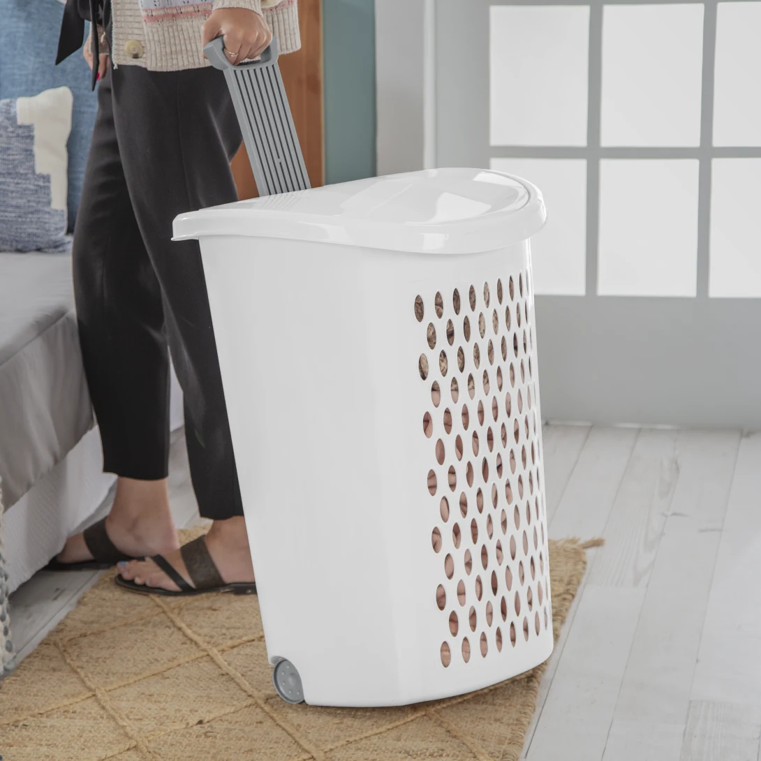 Sterilite 1227 Ultra Wheeled Hamper – White with Titanium Handle & Wheels - Image 4