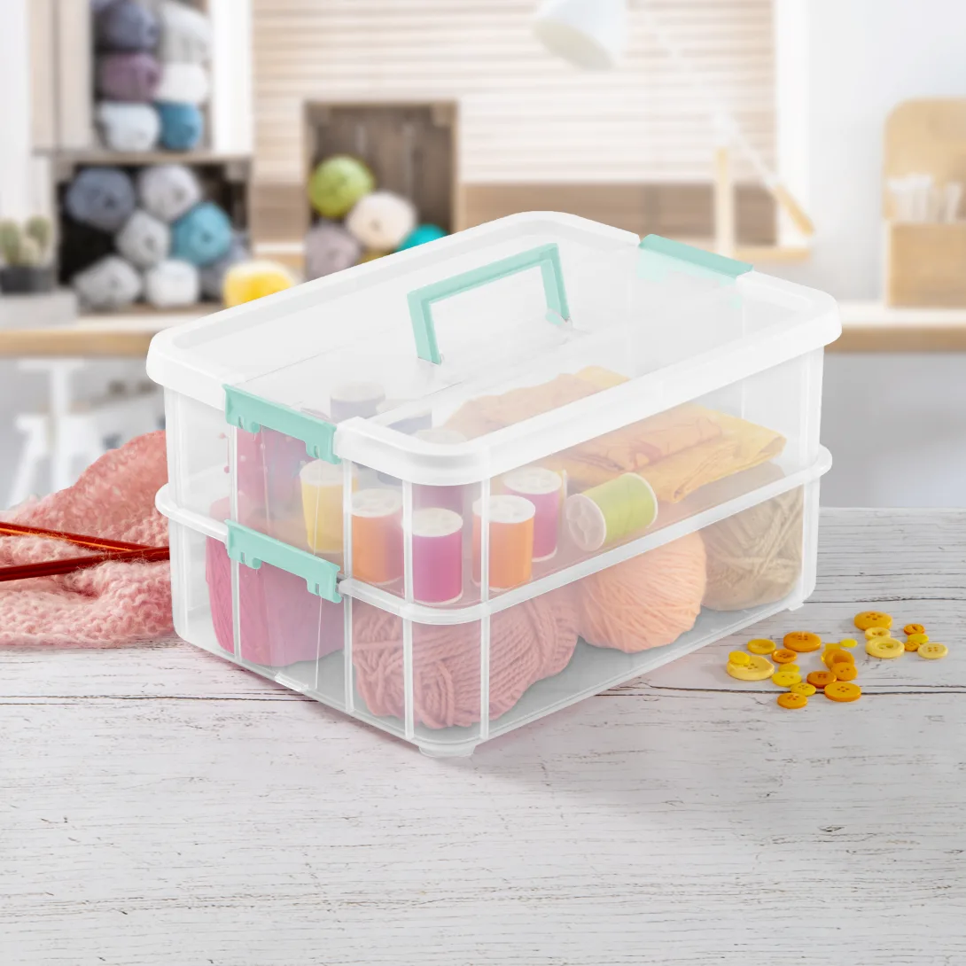 Sterilite 1422 Stack & Carry 2 Layer Handle Box – Clear with Aqua Chrome Handle & Latches - Image 4