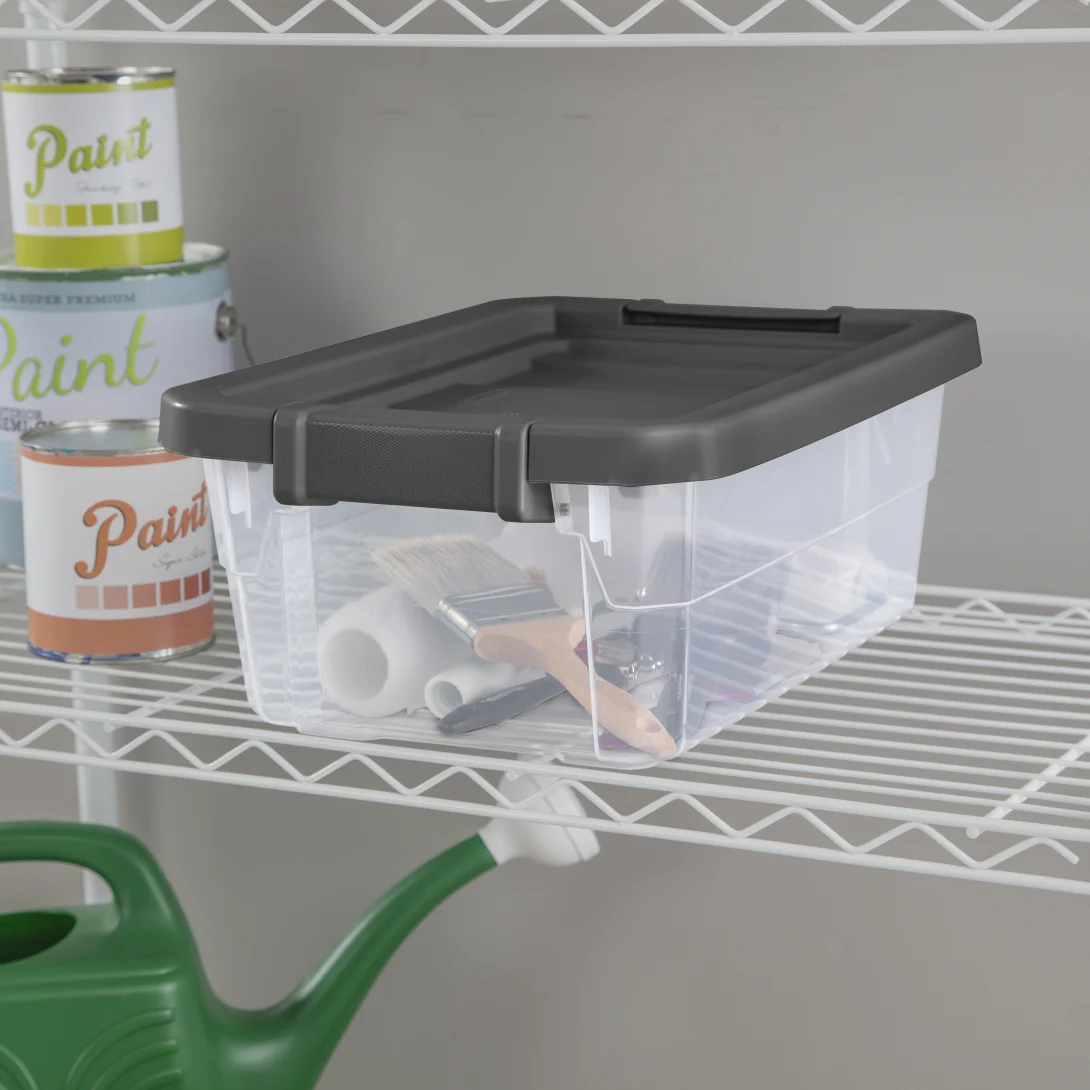 Sterilite 1472 16 Qt Modular Stacker Box β Clear Base with Flat Gray Lid & Latches - Image 4