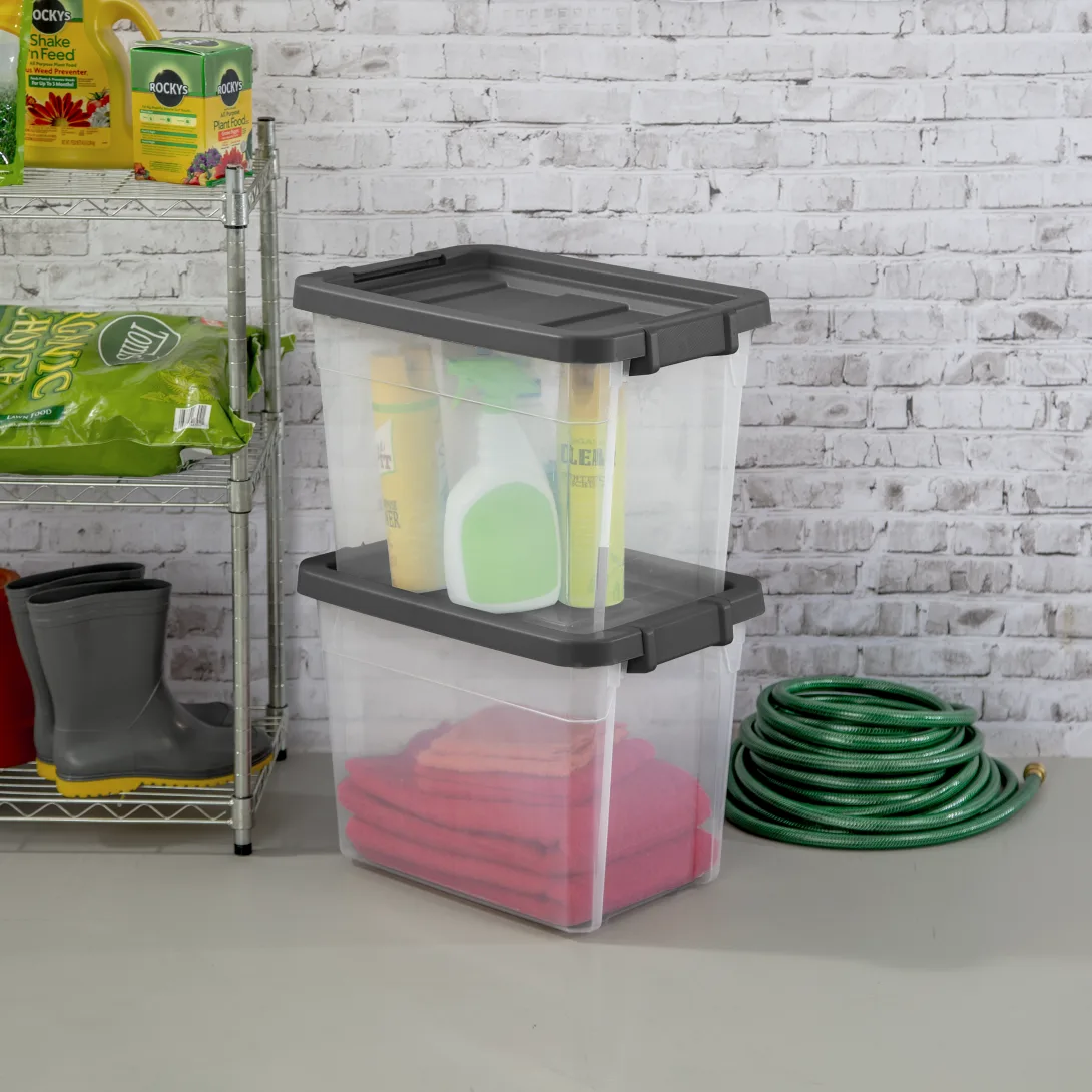 Sterilite 1473 30 Qt Modular Stacker Box – Clear Base with Flat Gray Lid & Latches - Image 4