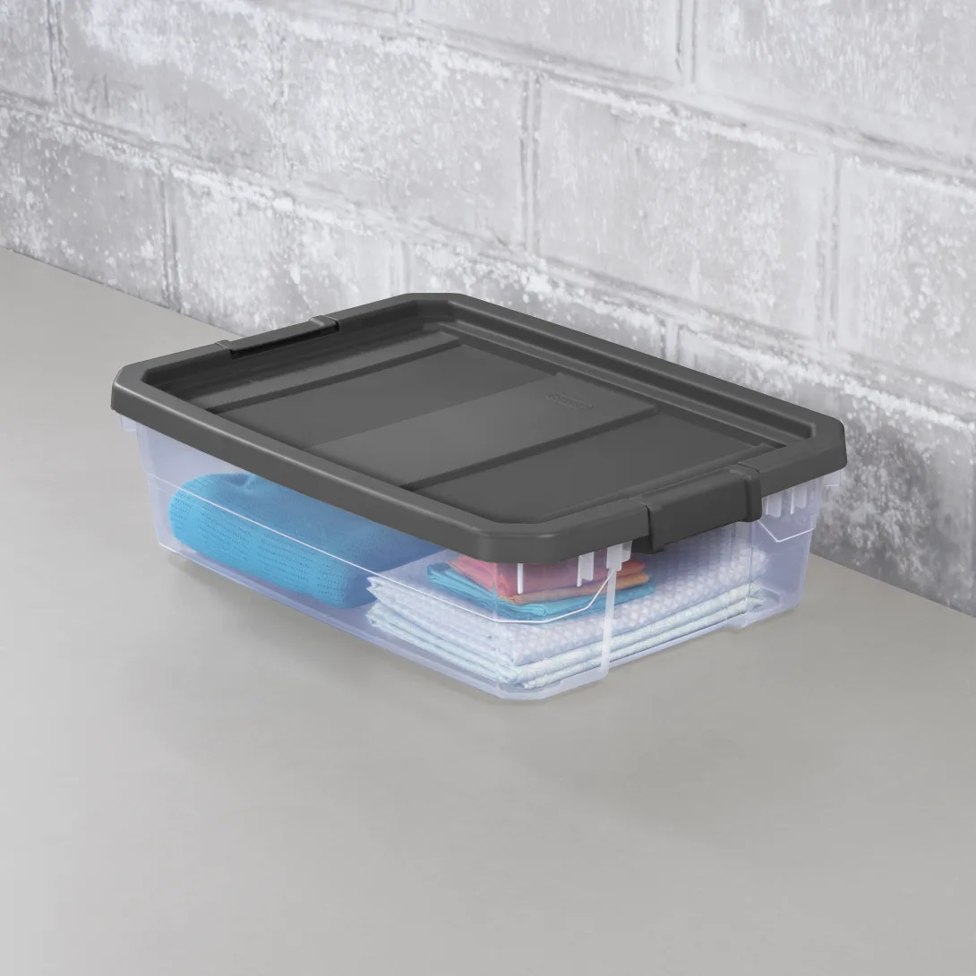 Sterilite 1474 40 Qt Modular Stacker Box β Clear Base with Flat Gray Lid & Latches - Image 4