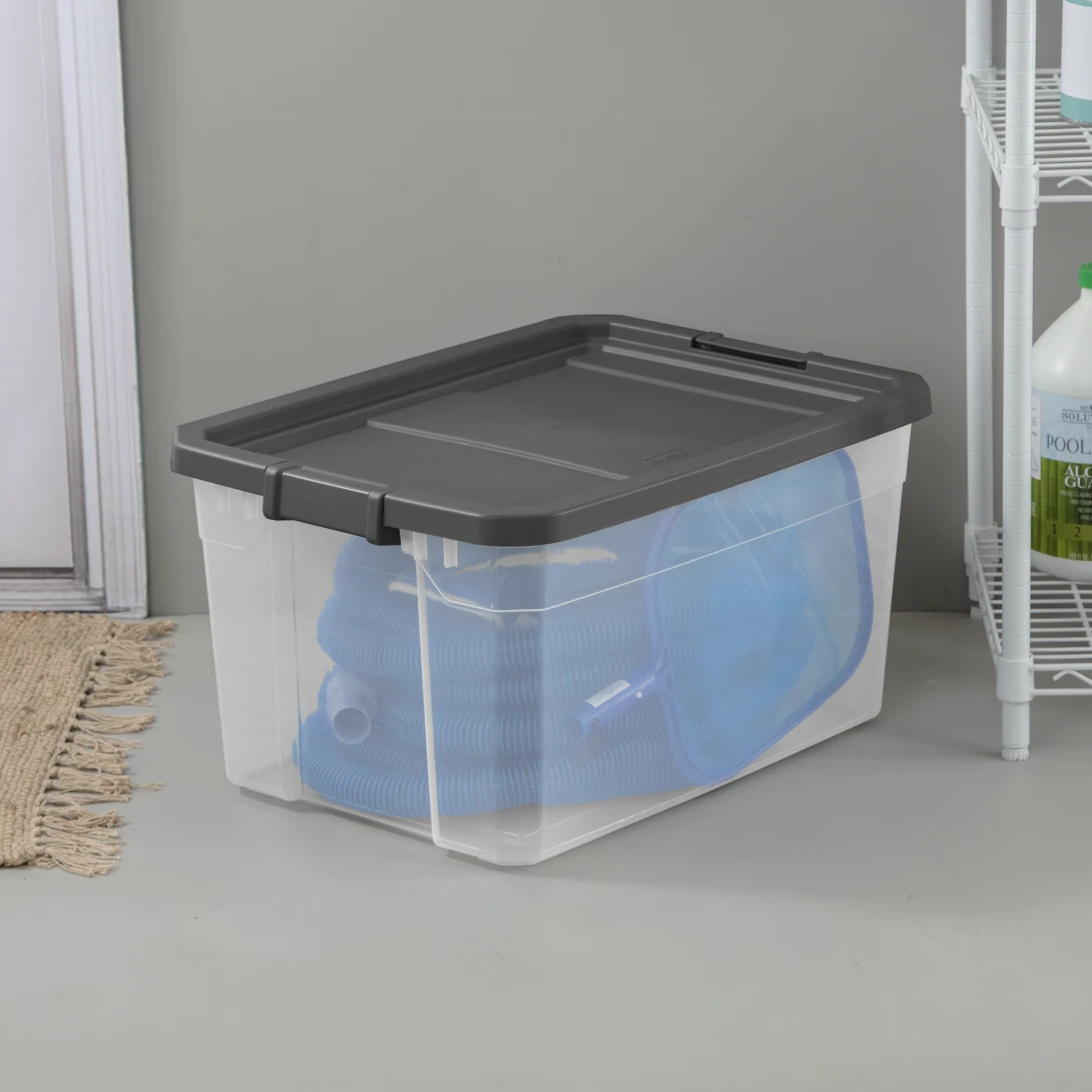Sterilite 1476 76 Qt Modular Stacker Box – Clear Base with Flat Gray Lid & Latches - Image 4