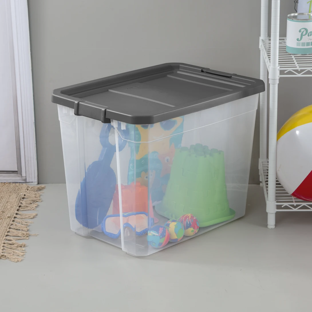 Sterilite 1478 108 Qt Modular Stacker Box – Clear Base with Flat Gray Lid & Latches - Image 4