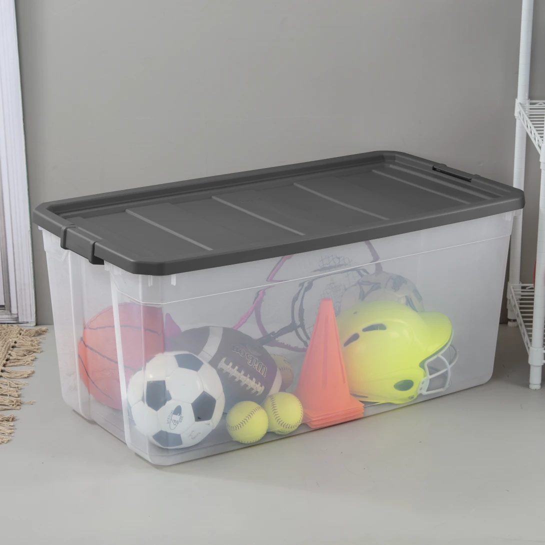 Sterilite 1479 200 Qt Modular Stacker Box – Clear Base with Flat Gray Lid & Latches - Image 4