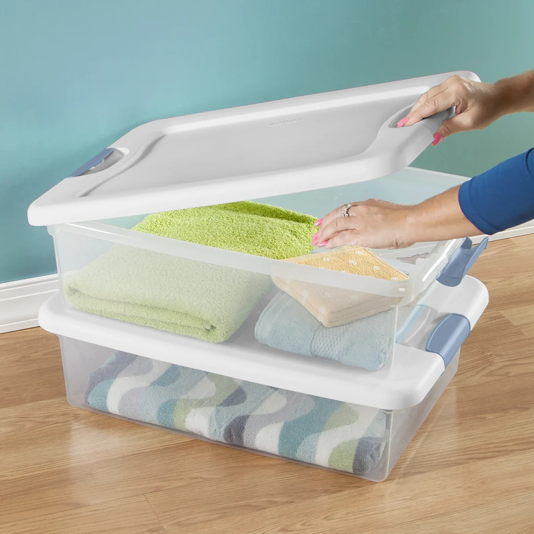 Sterilite 1496 32 Qt Latching Box – Clear Base with White Lid & Washed Blue Latches - Image 4