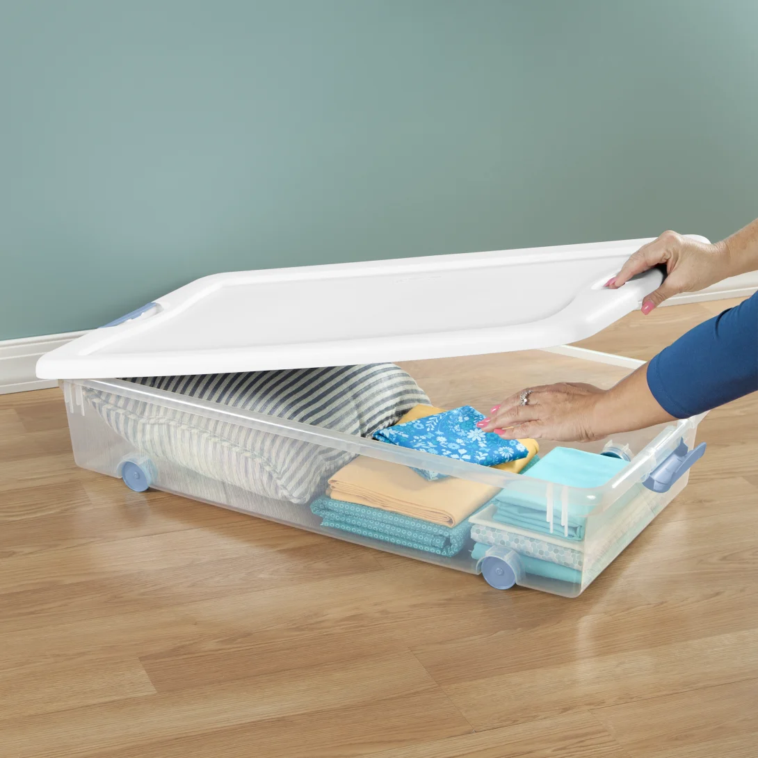 Sterilite 1498 56 Qt Wheeled Latching Box – Clear Base with White Lid, Washed Blue Latches & Wheels - Image 4