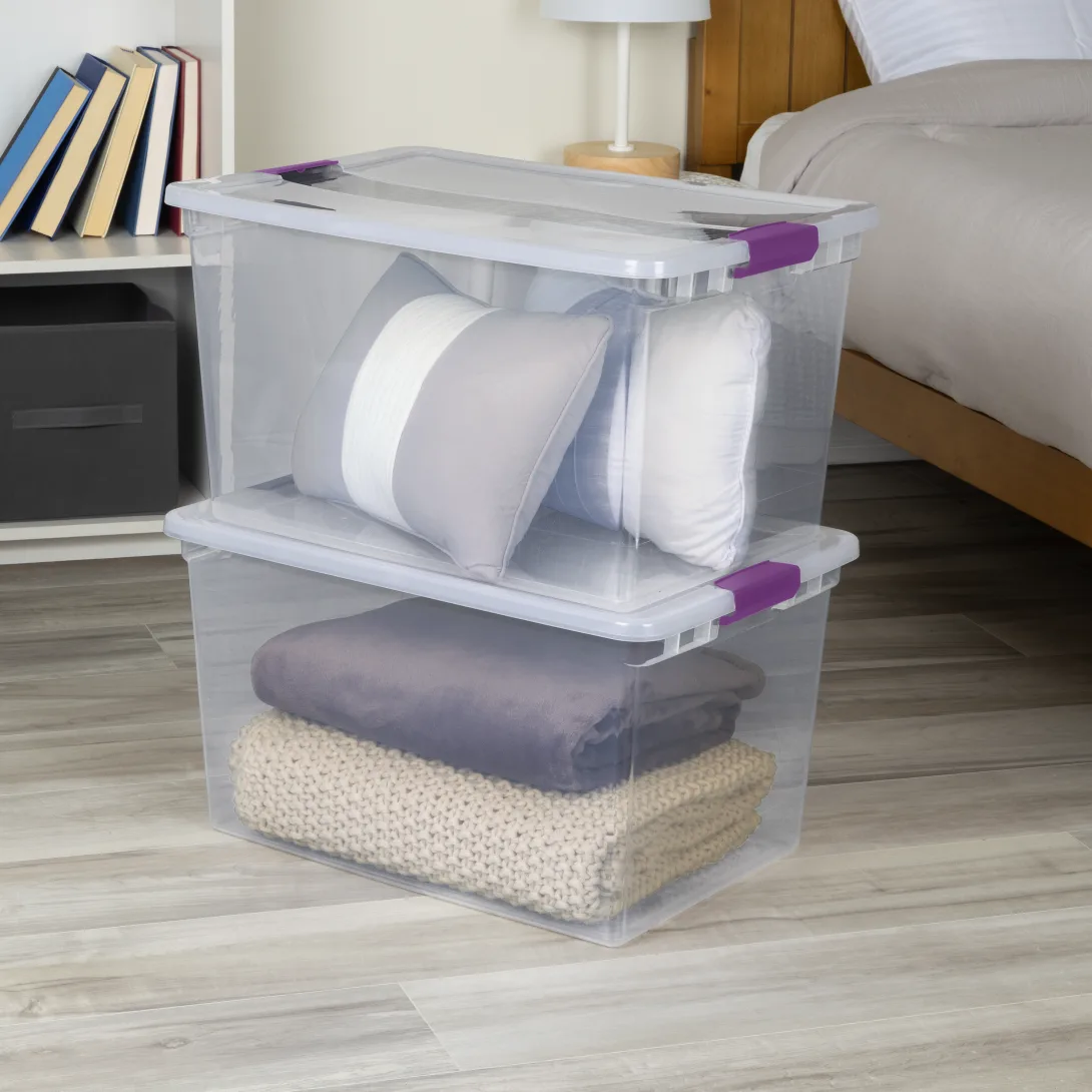 Sterilite 1757 66 Quart ClearView Latch Box – Clear Plastic Storage Bin with Sweet Plum Latches - Image 5