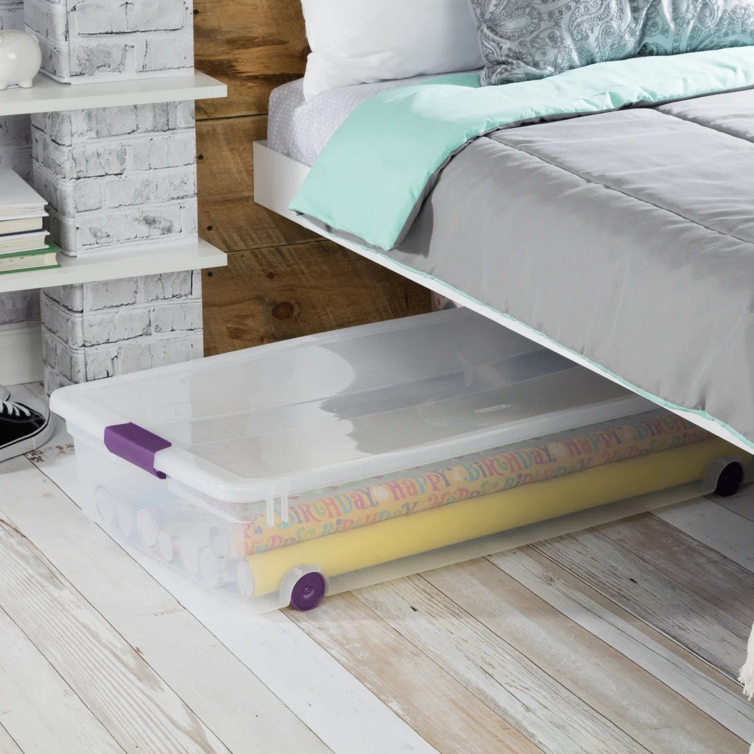 Sterilite 1761 60 Quart ClearView Latch Wheeled Underbed Box – Clear Storage Bin with Sweet Plum Latches - Image 5