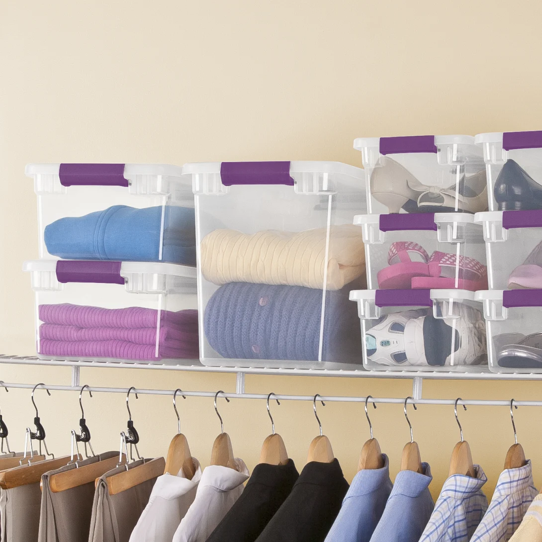 Sterilite 1763 27 Quart ClearView Latch Box – Clear Plastic Storage Bin with Sweet Plum Latches - Image 5