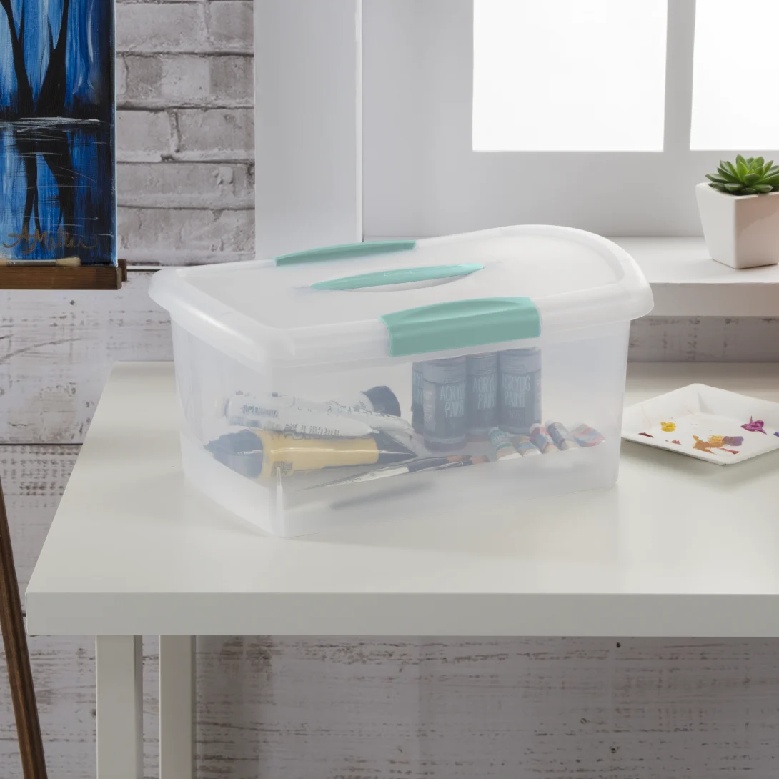 Sterilite 1874 Medium Nesting ShowOffs Portable Storage Bin – Clear Plastic Container with Aqua Chrome Handle & Latches - Image 5