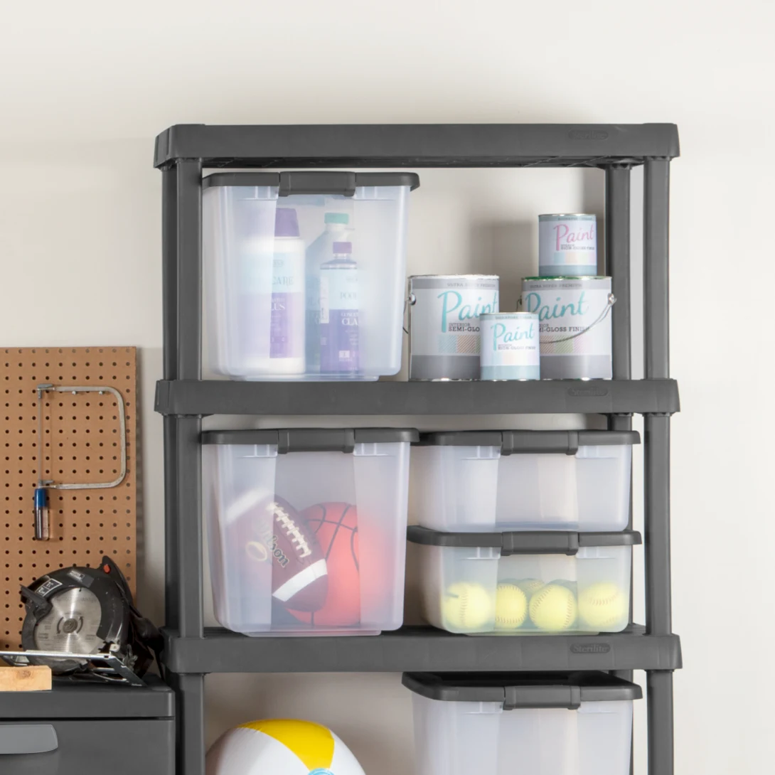 Sterilite 1936 25 Quart ShelfTotes – Clear Plastic Storage Bin with Flat Gray Lid & Latches - Image 5