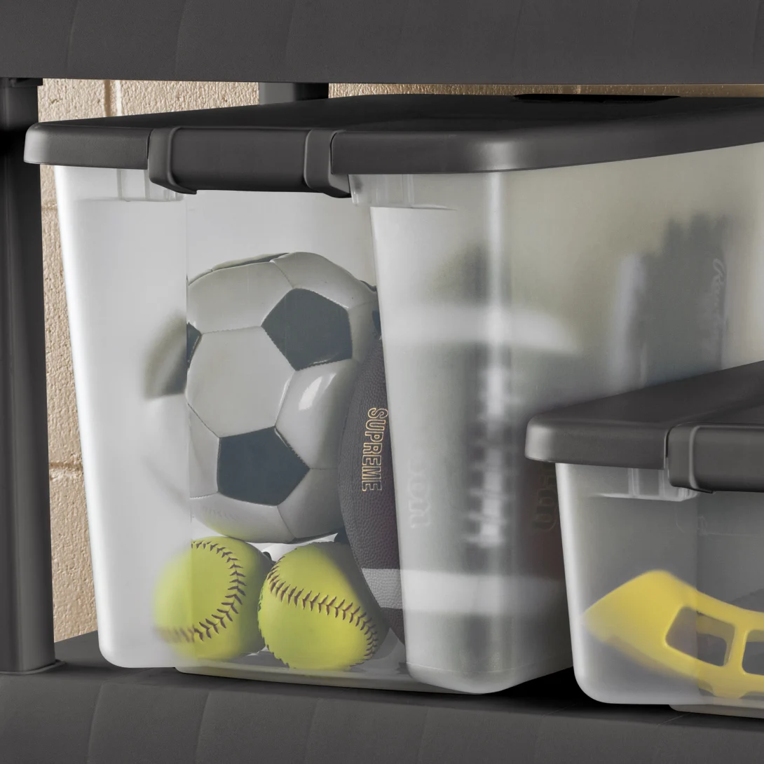 Sterilite 1937 50 Quart ShelfTotes – Clear Plastic Storage Bin with Flat Gray Lid & Latches - Image 5