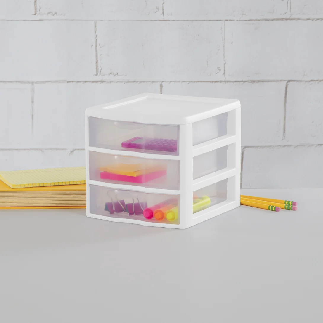 Sterilite 2073 Small 3 Drawer Unit – Clear Plastic Desktop Storage Organizer with White Frame - Image 5