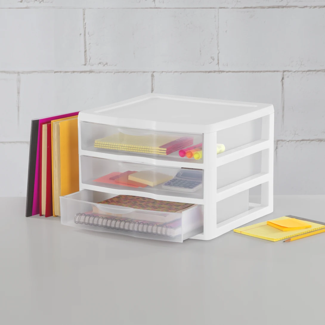 Sterilite 2093 Wide 3 Drawer Unit – Clear Plastic Desktop Storage Organizer with White Frame - Image 5