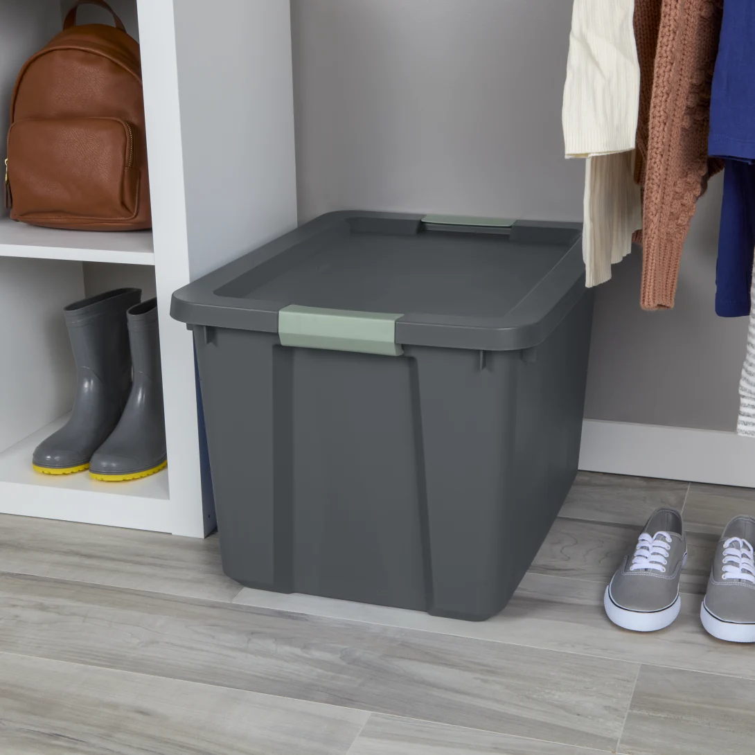 Sterilite 2217 20 Gallon Latch Tote – Heavy-Duty Flat Gray Plastic Storage Bin with Green River Latches - Image 5